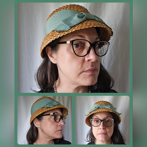 Vintage 50s 60s Woven Straw Hat With Green Grosgrain Ribbon Bow Amy New York - Picture 7 of 7